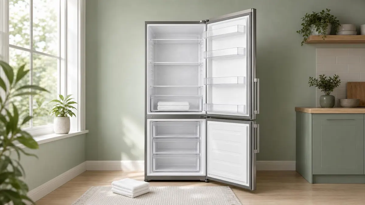 Frigorífico combi abierto y vacío, descongelándose con toallas